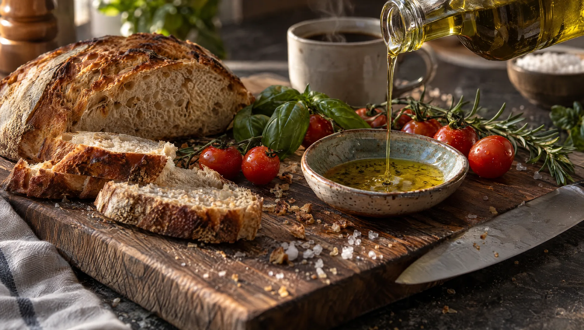 Olivenöl wird über frisches Brot, Tomaten und Basilikum auf einem Holzbrett gegossen