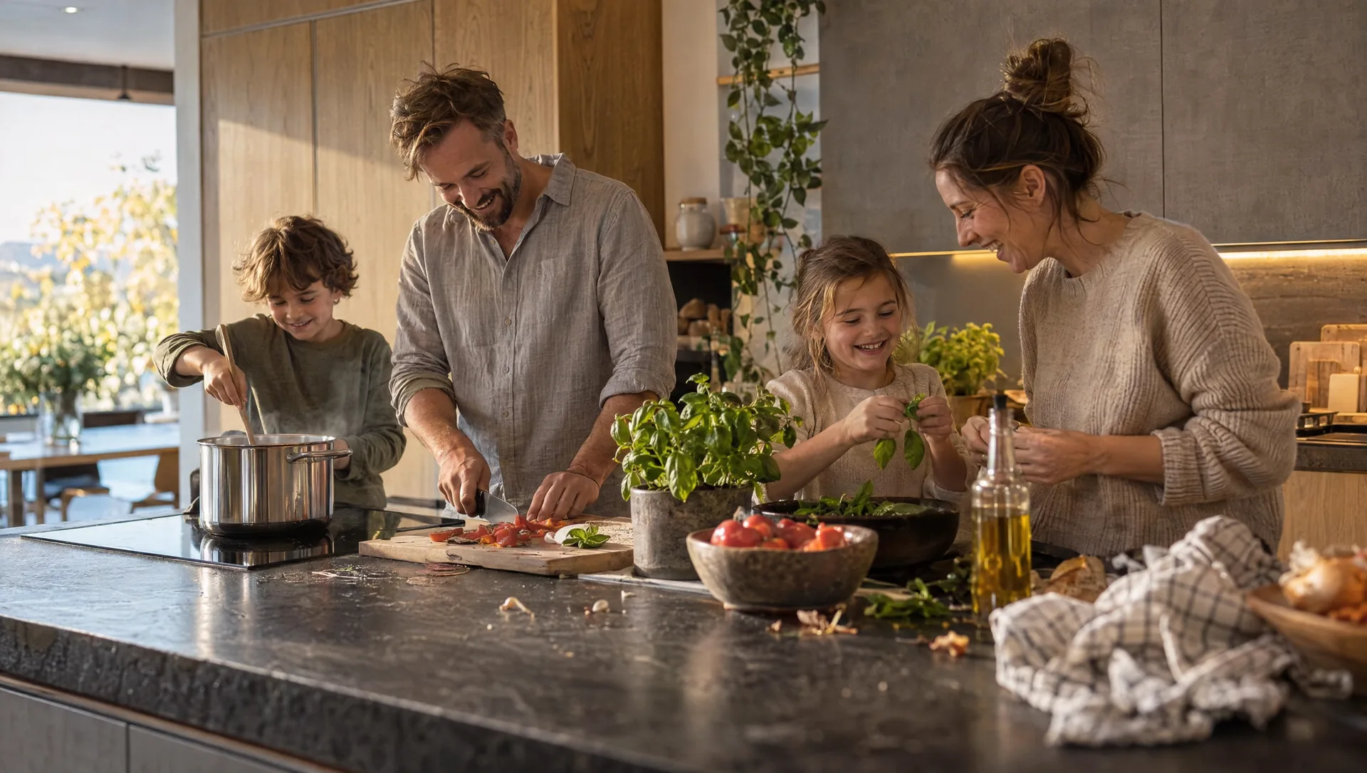 Familie kocht gemeinsam an der Kücheninsel